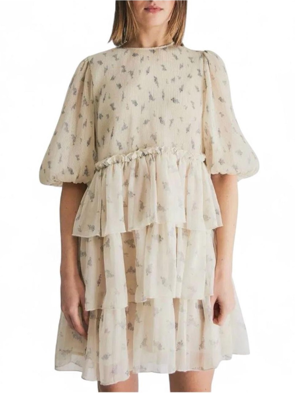 GANNI Tiered Floral Print Plissé Mini Dress Cream EU 42 / US 10